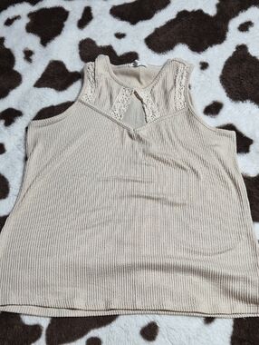 Maurices Beige Ribbed Tank with Lace Yoke